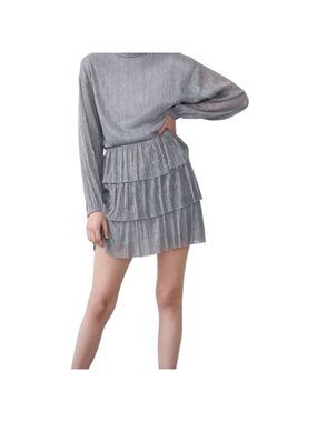 Zara Metallic Silver Mock Neck Tiered Dress Size L NWOT